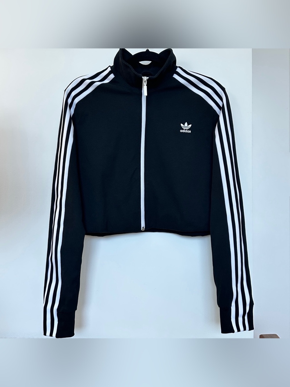 Adidas Cropped Track Jacket Black White 3-Stripes Zip Up Large